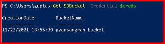 Picture showing the output of Get-S3Bucket -Credential $creds